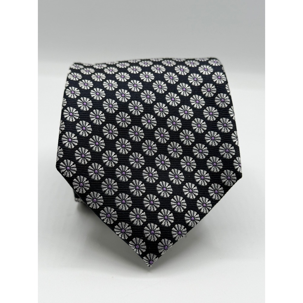 Jos A Bank Traveler Mens Silk Tie Black Silver Purple Floral Medallion